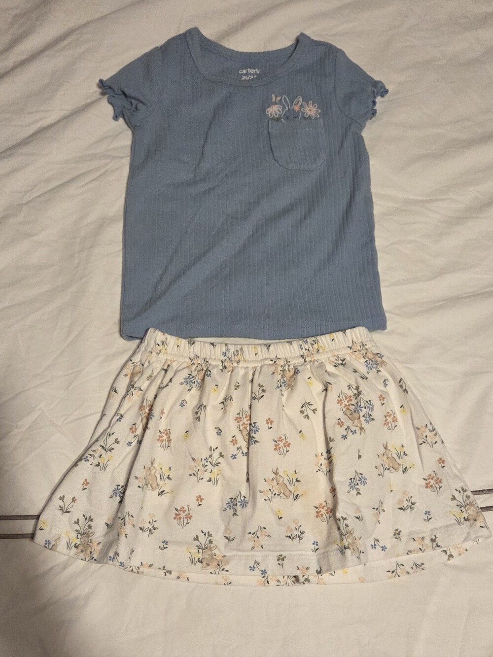 Carter's Light Blue Ribbed Tee With Bunny Pocket & Floral Skirt Set Size 2T